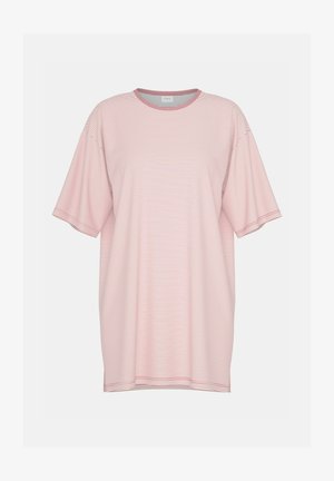 Pehmeän vaaleanpunainen ja valkoinen raitainen t-paita, jossa on lyhyet hihat, pyöreä pääntie ja rento istuvuus. Sileä kangas, jossa on minimalinen tekstuuri.