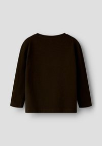 Maglietta nera a maniche lunghe con collo a giro, mostrata piatta sul retro contro uno sfondo grigio chiaro.