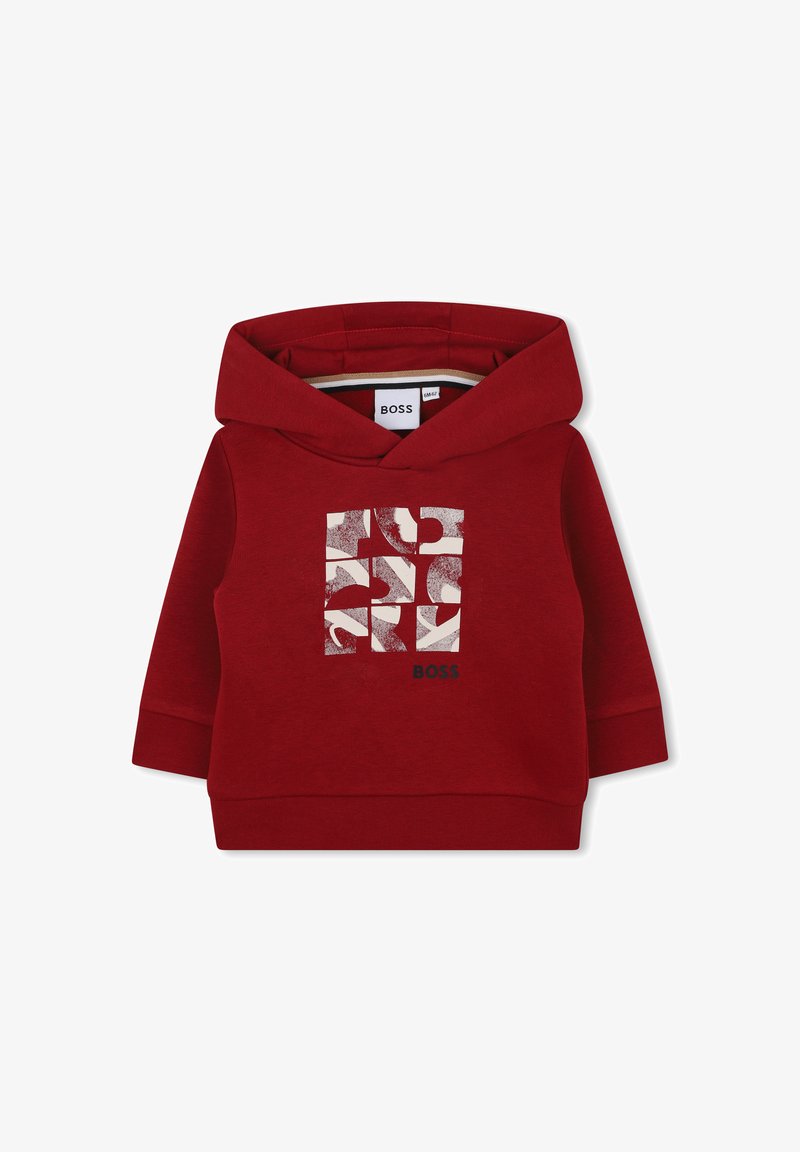 Felpa rossa in cotone con stampa grafica frontale contenente forme geometriche e il nome del marchio "BOSS" in basso. Presenta una tasca a marsupio.