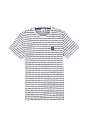 Striped short-sleeve t-shirt in white and navy blue, featuring a round neckline and a small logo patch on the chest. Smooth fabric texture.