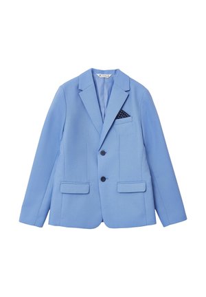 Blazer bleu clair en tissu texturé, coupe à simple boutonnage, deux poches avant, et un mouchoir de poche bleu marine contrastant à pois blancs.