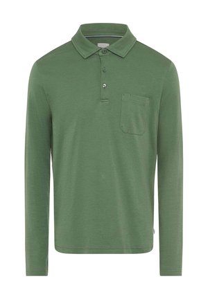 Polo à manches longues vert olive avec trois boutons et une poche poitrine, présenté sur un fond blanc.