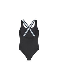 Μαύρο ολόσωμο μαγιό με σταυρωτές τιράντες που διαθέτει ανοιχτό μπλε και χρυσές λεπτομέρειες. Λείο υλικό, κλασική σιλουέτα και μέτρια κάλυψη.