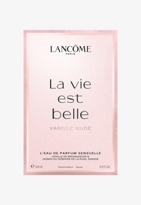 Rosa eske med en glitrende finish, med teksten "La vie est belle" og "Vanille Nude." Inneholder 100 ml parfyme spray.