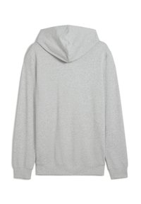Sudadera gris hecha de tela suave con un bolsillo tipo canguro, mangas largas y capucha con cordón. La vista trasera muestra un detalle mínimo.