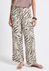 Wide-leg trousers in a lightweight fabric featuring a beige and black zebra print, with a drawstring waist and two front pockets.
