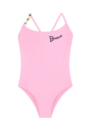 Costume da bagno intero rosa con spalline sottili, con testo nero "Barrow" e una perla gialla decorativa sulla spallina. Materiale liscio e elasticizzato.