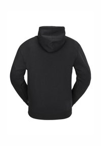 Zwarte hoodie, gemaakt van zacht materiaal. Heeft een capuchon met trekkoord, lange mouwen en een geribde zoom. Gladde textuur zonder patronen.