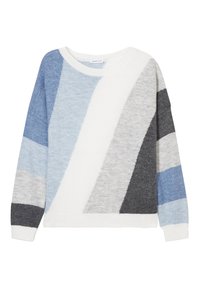 Pull léger en tricot doux. Présente des blocs de couleur géométriques en bleu clair, bleu foncé, gris et blanc. Encolure large et manches longues.