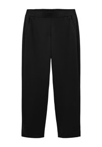 Pantalon noir droit avec taille élastique et poches latérales, confectionné en tissu lisse avec une coupe ajustée.