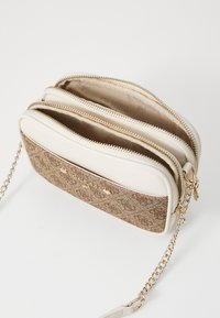 Borsa a tracolla marrone e beige con superficie texture, due scomparti con cerniera e dettagli in metallo dorato. Presenta una tracolla a catena.