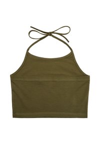 Top court olive à col halter avec fermeture à nouer au cou et ourlet droit, en tissu doux et extensible.