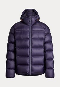 Dark purple padded winter jacket with a front zipper and adjustable hood, designed for warmth and outdoor use.