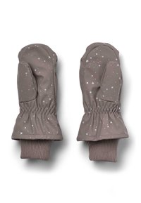 Pruunid isoleeritud kindad valgete tähtede mustriga, elastsed randmeääred ja ribakudumised lisandid parema sobivuse ja soojuse tagamiseks.