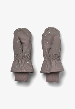 Mânuși căptușite, de culoare maro, cu modele de stele albe, cu manșete elastice la încheietura mâinii și accente tricotate în relief pentru un fit îmbunătățit și căldură.