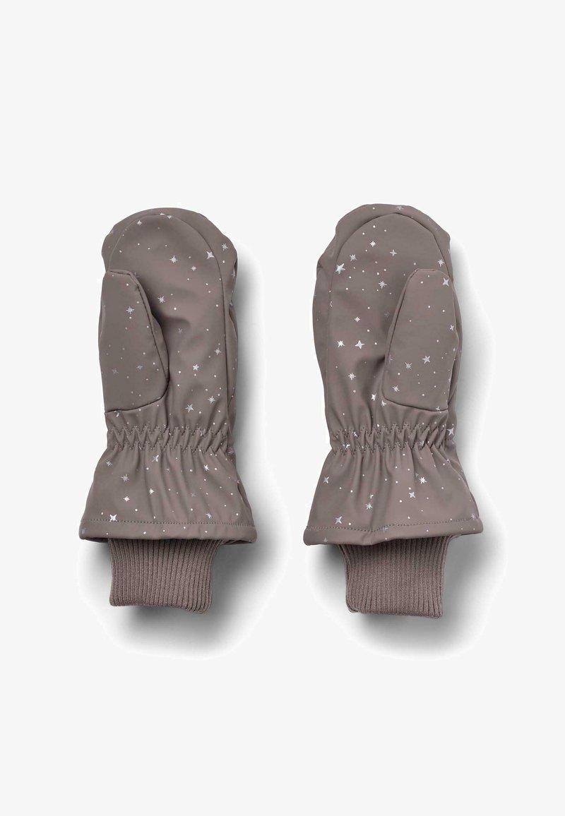 Pruunid isoleeritud kindad valgete tähtede mustriga, elastsed randmeääred ja ribakudumised lisandid parema sobivuse ja soojuse tagamiseks.