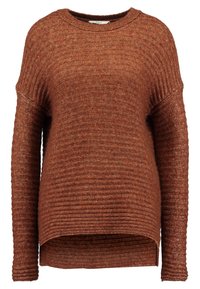 Kupferfarbener Pullover aus geripptem Strickstoff. Hat einen runden Ausschnitt, überschnittene Schultern und einen asymmetrischen Saum.