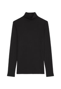 Schwarzer Langarm-Turtleneck aus weichem, elastischem Stoff mit figurbetontem Design, ausgestattet mit einem hohen Kragen und minimalen Nähten.