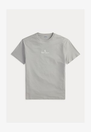 Light gray cotton t-shirt with a crew neck and short sleeves, featuring a small white Ralph Lauren logo on the chest. Smooth texture.