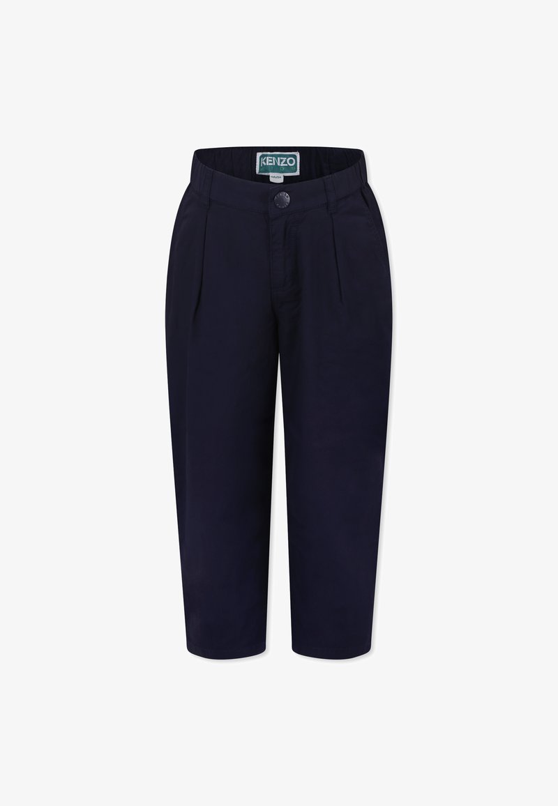 Marineblauwe, knielange broeken met een gladde textuur, voorzien van een knoopsluiting, twee voorplooien en een elastische tailleband voor comfort.