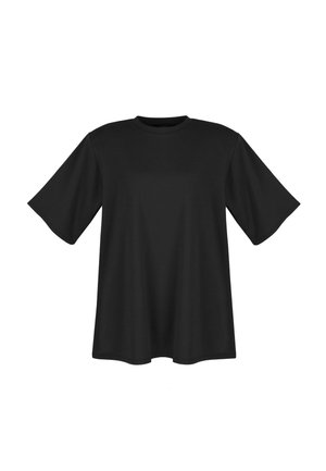 Czarny bawełniany, luźny T-shirt z krótkimi rękawami i okrągłym dekoltem, przedstawiony na białym tle.