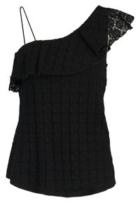 Svart top med en axel, med volangkrage, som har spetsdetaljer på en ärm och ett strukturerat blommönster genom hela plagget.