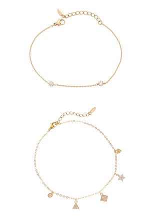 Two delicate gold chain bracelets; one with two small clear stones, the other with five small geometric and star-shaped charms with clear stones.
