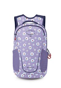 Mochila morada con patrón floral, que presenta margaritas azules y blancas, correas ajustables, cierre de cremallera y bolsillo lateral. Marca: Osprey Daylite JR.