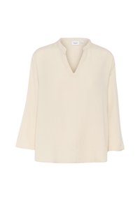 Blusa color crema con scollo a V, maniche a tre quarti e vestibilità rilassata. Tessuto morbido e design minimalista senza motivi visibili.