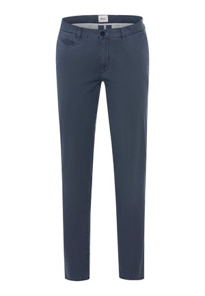 Donkerblauwe katoenen broek met een slim fit, voorzien van voorzakken, een knoopsluiting en een subtiele textuur in de stof.