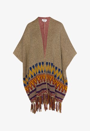 Knit poncho in beige with a geometric pattern. Features vibrant yellow, blue, and red accents and fringed edges. Open front design.