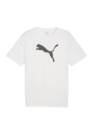 Weißes T-Shirt mit kurzen Ärmeln aus Baumwolle, mit einem großen schwarzen Puma-Logo in einem springenden Design auf der Brust.