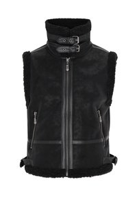 Zwarte mouwloze vest van leer met schapenvachtaccenten, hoge kraag, dubbele gespsluiting, verticale ritszakken en contrasterende textuur.