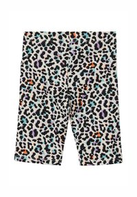 Leopardprint shorts met een mix van zwarte, paarse, oranje en blauwe accenten op een witte geribbelde stof. Rekbare en aansluitende pasvorm.