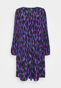 Kleid mit langen Ä sleeves in einem blau, schwarz und lila Leopardenmuster. Aus einem leichten Stoff mit Rundhalsausschnitt gefertigt.