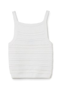 Top corto bianco lavorato a maglia con texture a coste orizzontali, spalline larghe e orlo arrotondato. Presenta piccoli dettagli ad occhiello in tutto il capo.