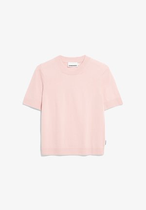 Lichtroze gebreide top met korte mouwen, een ronde hals, geribde boorden en zoom, en een subtiele textuur door de stof.