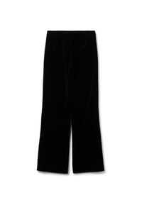 Schwarze Samthose mit weitem Bein, die eine glatte, weiche Textur aufweisen und einen sauberen Bund ohne sichtbare Beschläge oder Akzente haben.