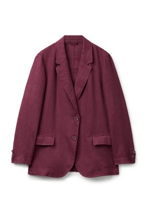 Blazer violet foncé à deux boutons avec revers et poches à rabat, posé à plat sur un fond blanc.
