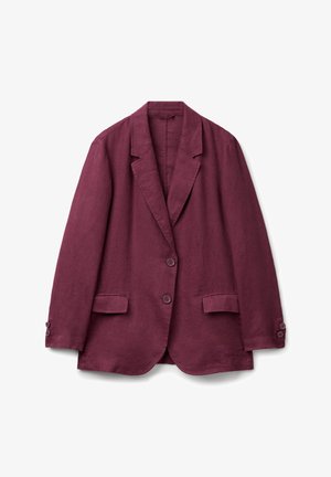 Dunkelvioletter Zwei-Knopf-Blazer mit Reverskragen und Klappentaschen, flach auf einem weißen Hintergrund ausgelegt.
