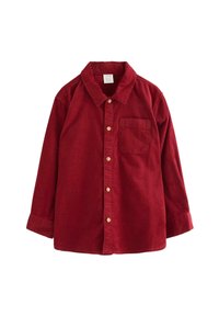 Rød langærmet skjorte i kordfløjl med knapper foran, en brystlomme på venstre side og en klassisk krave.