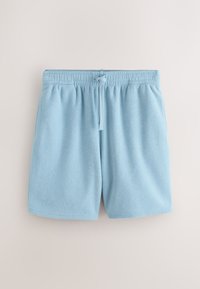 Világoskék frottír rövidnadrág rugalmas derékpánttal és elöl húzózsinórral, egyszínű világos háttéren.
