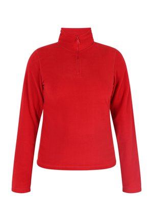 Rode fleece pullover met een hoge hals en een halve rits. Lange mouwen en een zachte textuur. Eenvoudig, effen kleur zonder aanvullende patronen.