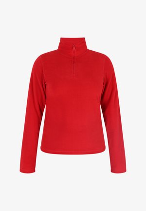 Piros meleg pulóver magas gallérral és fényzárral. Hosszú ujjú és puha tapintású. Egyszerű, egyszínű, további minták nélkül.