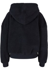 Black hooded sweatshirt made of textured fleece, featuring a relaxed fit, ribbed cuffs, and a banded hem. The back has a plain design.