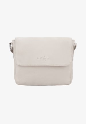 Light beige suede crossbody bag with flap closure and adjustable strap, embossed with "Gusti Leder studio" logo on front flap.