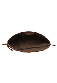 Sacca in pelle marrone con zip in metallo dorato, forma rotonda e una fodera interna liscia. Presenta un piccolo cartellino in pelle all'interno.