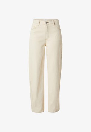 Crème-kleurige wijde jeans met hoge taille, klassiek vijf-pocket ontwerp en contrasterende stiksels. Gemaakt van stevig denimstof.