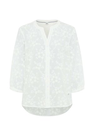 Witte semi-transparante blouse met geborduurde bloemen, knoopsluiting aan de voorkant, driekwart mouwen en een afgeronde zoom.