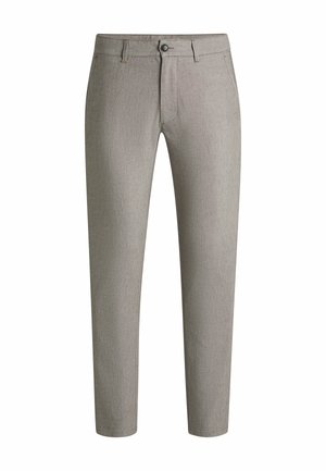 Grau gemusterte Hose mit schlanker Passform, geraden Beinen, Knopfverschluss und Fronttaschen. Das Material zeigt eine dezente Textur.